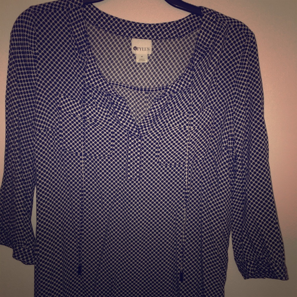Navy and white blouse. 100% rayon